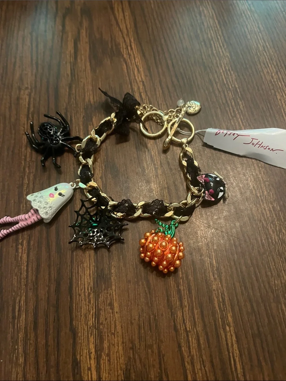 Betsey Johnson Black & Gold Halloween Charm Bracelet with Pink & Orange Accents